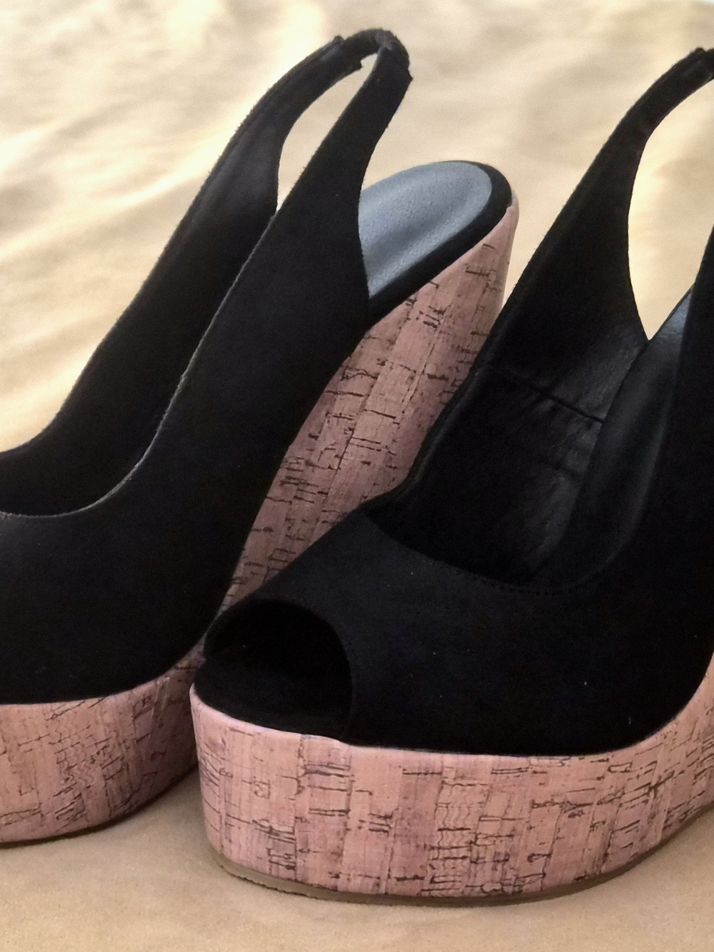 Black Suede Peep-Toe Platform Wedges with Cork Heel - Picture 2 of 6